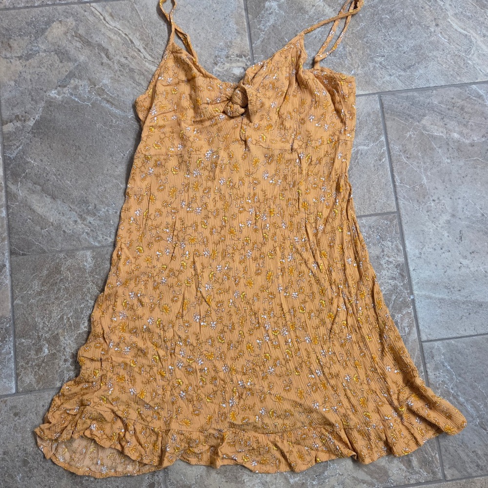 Cotton On Orange Floral Mini Dress Tie Front Smocked Back Ruffle Hem L Boho